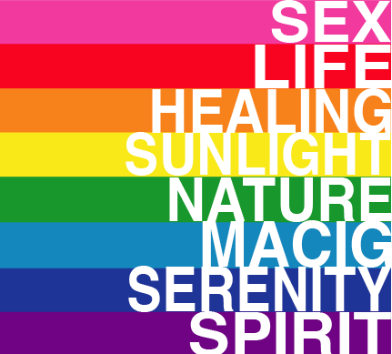 The 1978 rainbow flag with eight stripes: hot pink for sex, red for life, orange for healing, yellow for sunlight, green for Nature, blue for magic, indigo for serenity, purple for spirit.