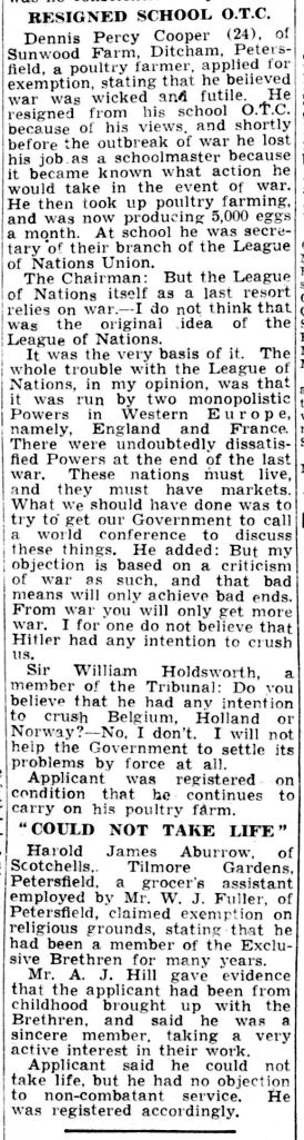 An excerpt from the Portsmouth Evening News, 30 May 1941, mentioning my grandfather, Harold James Aburrow